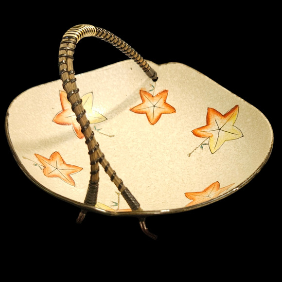 Vintage Hyalyn 6.5" Crackle Glaze Basket Bowl Orange Yellow Leaf Design Handle - Picture 2 of 7